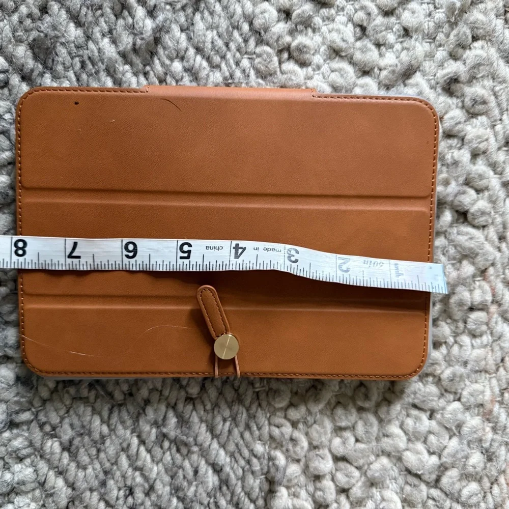 Heyday Tan Tablet Case for iPad Mini 6 trifold stand, faux, leather gold closure